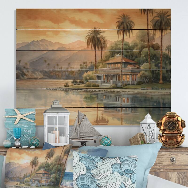 Designart "Drawing Of House By The Water At Sunset" Modern Landscape Beach Print on Natural Pine